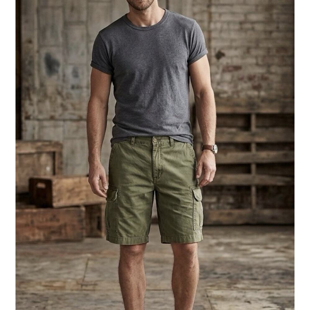 Y2K Tommy Hilfiger Shorts Men 36 Cargo Olive Green Military Utility Canvas VTG